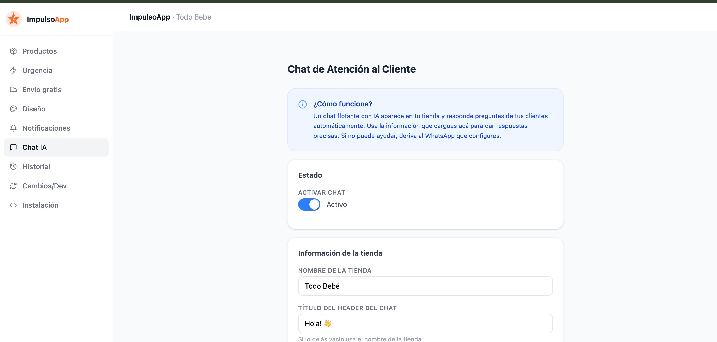 Panel de configuración del chat IA